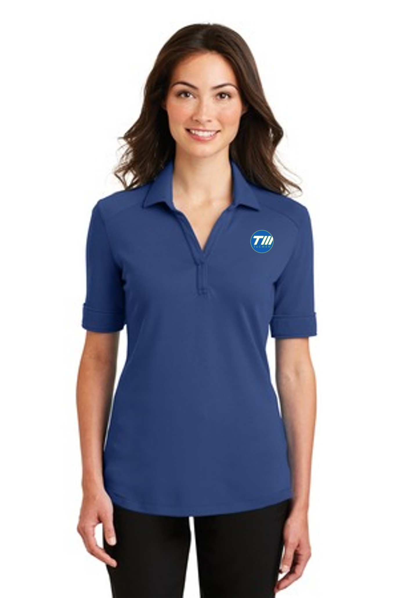 TeCMEN Polo-Ladies-Trim-Fit Image of a lady wearing a royal blue polo with the TeCMEN logo embroidered on the left chest.